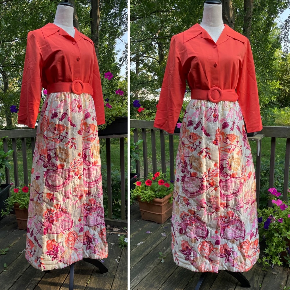 NWT Vintage 70s Rhapsody Burnt Orange Quilted Skirt Hostess Dress
